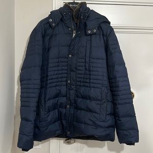 Andrew Marc NY Blue Duck Down Water Resistant, Hood Puffer Coat Jacket fur trim